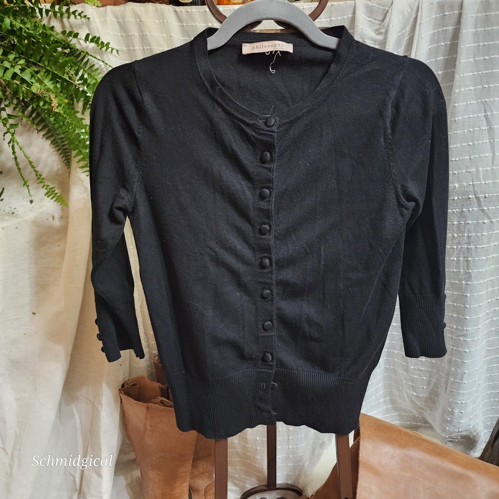 Philosophy Republic Clothing Black Button Front Cardigan 3/4 Sleeve Sweater S